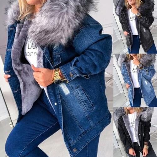 Women Winter Warm Fluffy Collar Hooded Denim Jacket Thick Plush Lined Warm Long Sleeve Jean Coat Button Down Oversized Loose Out