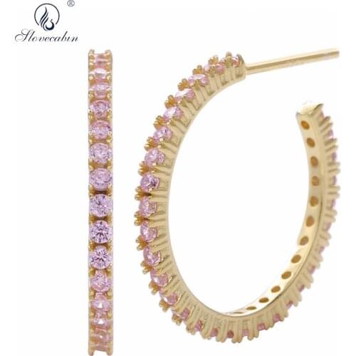 Slovecabin 925 Sterling Silver Pink Gold Earring Big Hoop Large Women Zircon CZ Crystal Colorful Jewelry 2020 Fashion