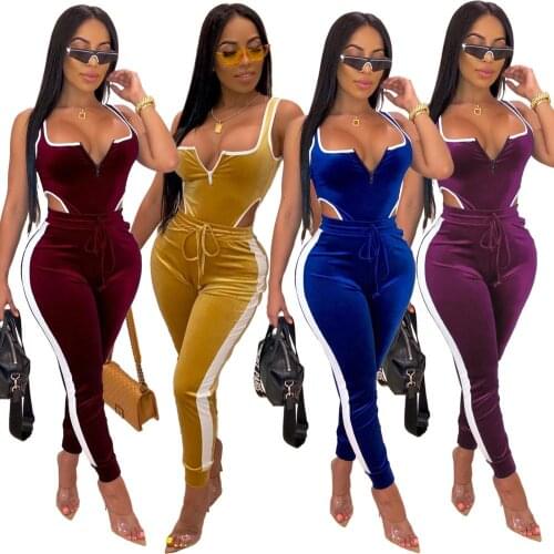 New velvet women fitness sporting 2 two pieces set outfit sleeveless bodysuit + leggings Drawstring pants tracksuits