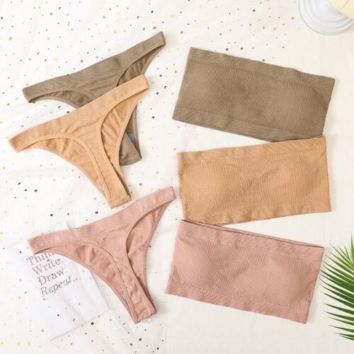 Women Strapless Bra Set Seamless Underwear Bandeau Bra Low Waist Thong Panties Padded Bustier Bra Tube Top Sexy Lingerie Set