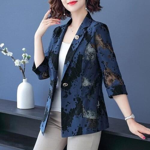 2021 New Ladies Blazer Summer Lace Thin Suit Outerwear 3/4 Sleeve Large Size Casual Womens Clothing Navy Jacket Coat L-5XL B320