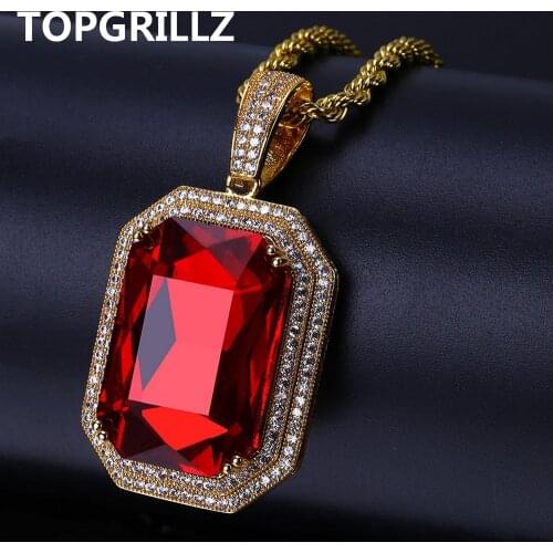 TOPGRILLZ Hip Hop Female Jewelry Necklace Gold Color Iced Out Micro Pave CZ Stone Red Stone Pendant Necklaces 60cm Rope Chain