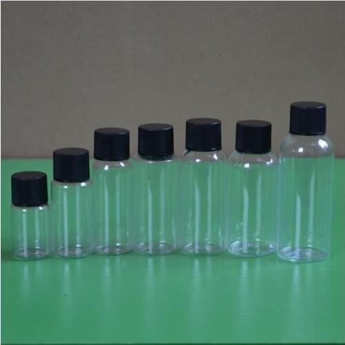 100 pcs Free Shipping 10m 20ml 30ml 40ml 50ml 100ml Lucency Plastic Enpty Bottles Black Cap Shampoo Lotion Packsging Bottle