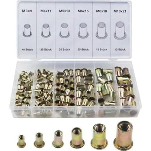 150Pcs M3/M4/M5/M6/M8/M10 Carbon Steel Zinc Plated Metric Rivet Nut Flat Head Threaded Insert Nut Kit Hardware Kit