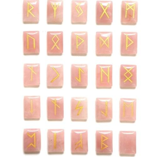 25pcs Natural Rose Quartzs Reiki Healing Divination Tumbled Stone Beads Green Aventurine/Tiger Eye Stone Viking Runes Amulet Set