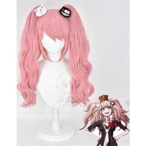Danganronpa Cosplay Costumes Enoshima Junko Wig Pink Long Wavy Heat Resistant Party Hair + Wig Cap+ Bear Hairpins
