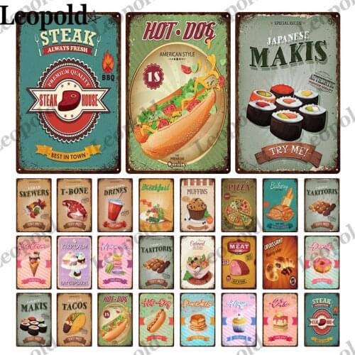 Dessert Metal Poster Ice Cream Sushi Wall Sticker Milk Tea Tin Label Metal Poster Wall Art Kitchen Restaurant Bar Home Decor