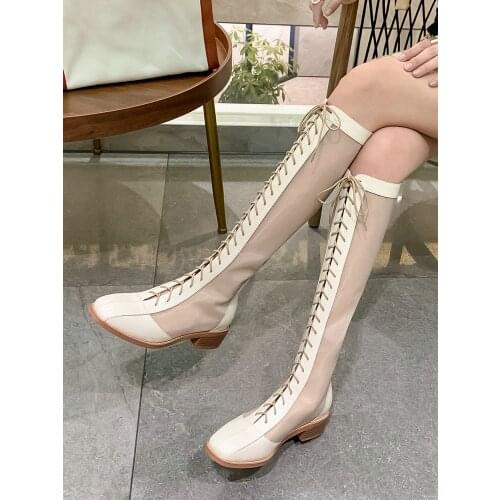 EshtonShero Fashion Women Knee High Boots Round Toe Long Botas Square Low Heels Back Zipper Fashion Boots Air Mesh Summer Boots