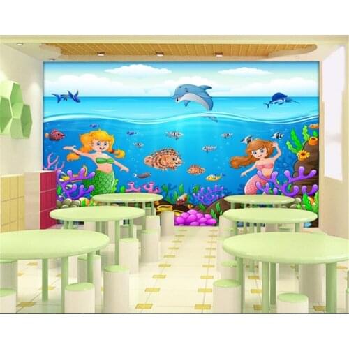 Beibehang Photo Mural Wallpaper Cartoon Little Mermaid Underwater World Series Decorative Nursery Wall Decorative Painting