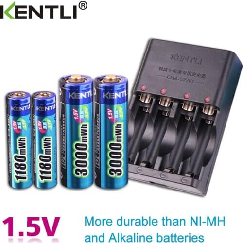 KENTLI 4pcs 1.5v aa aaa batteries Rechargeable Li-ion Li-polymer Lithium battery + 2 slots AA AAA lithium li-ion Smart Charger