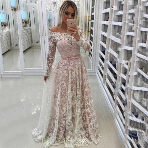 Lace Long Evening Dresses 2020 A-line Off Shoulder with Long Sleeves Plus Size Arabic Formal Dress Evening Gowns for women
