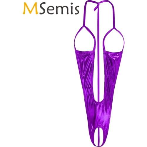 Womens Crotchless Swimsuits Patent Leather Bodysuit Swimwear Open Bust Backless Open Crotch Bodysuit Female Swimming Suit