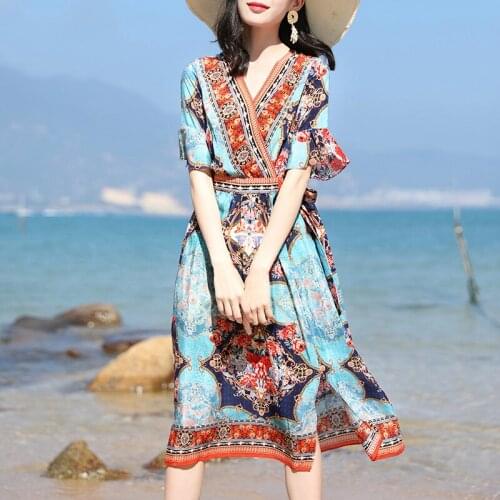 Summer Real Silk Women Ladies Vintage Boho Beach Dresses Print Party Dress Vestidos De Verano 2020 833774 YY2914