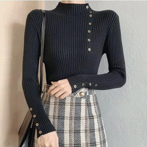 Lucyever Women Knitted Winter Pullovers 2021 Fashion Button Long Sleeve Ladies Sweater Tops Korean Slim Turtleneck Sweater Woman