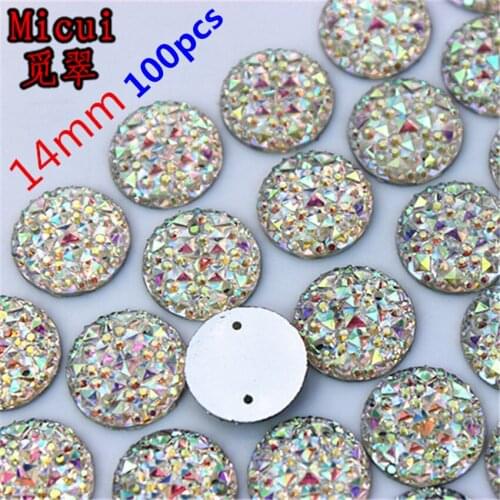 Micui 100pcs 14mm Crystal AB Flat Back Round Sew On Resin Rhinestone 2 Holes for Wedding Dress ZZ73