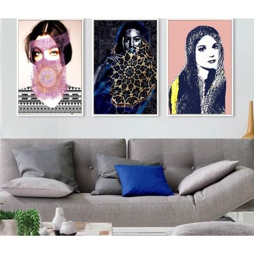 Modular Pictures Printed Nordic Style Arab Women Portrait Canvas Painting Religious Wall Artwork Poster Home Decoration framed