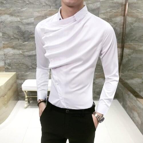 Mens high-end brand fashion business casual solid color wave long-sleeved shirts mens slim personality nightclub dress shirts