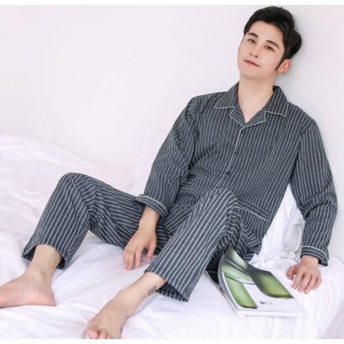 2020 Men Pajamas Set Plaid Sleepwear Cotton Nightwear Long Sleeved Male Sleep Clothing Plus Size Nighties Autumn Homewear