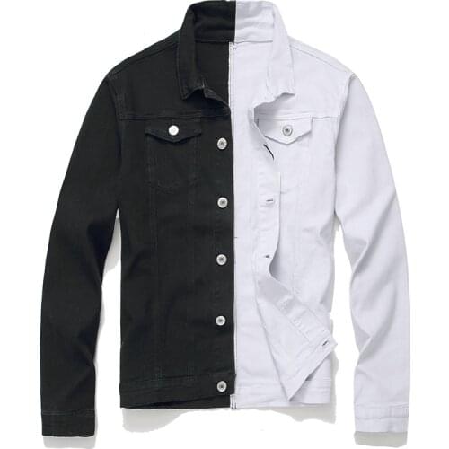 Men Streetwear Black White Two-tone Patchwork Slim Fit Jean Jackets Motorcycle Man Hip Hop Cotton Casual Denim Jackets Coats