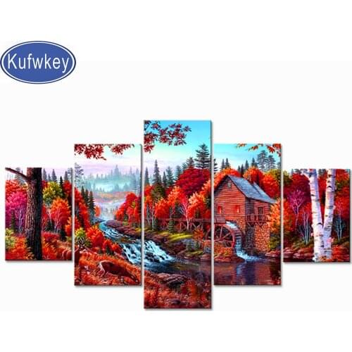 5 Pcs Red Wood House diamond painting,full,square,round diamond embroidery,mosaic diamond diy handwork,Multi-Panel