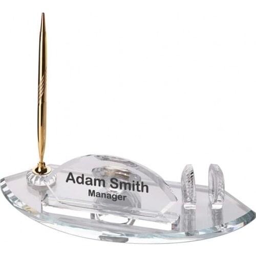 Crystal Glass Desk Name Plate and Pen Desk Stand Set - Personalized Name Plate, Crystal Clock, Custom Engraved Awards, Teachers