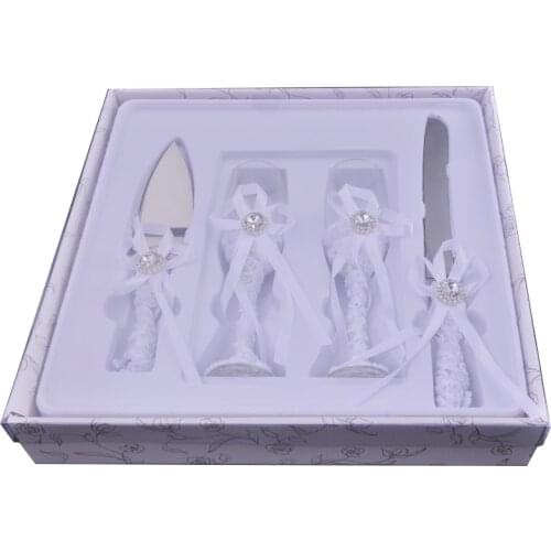 Elegant Wedding Cake Knife Serving Set Ribbon Bow Handle Diamond Decorated Champagne Flutes Cake Cutter Shovel Parties Gift 4pcs