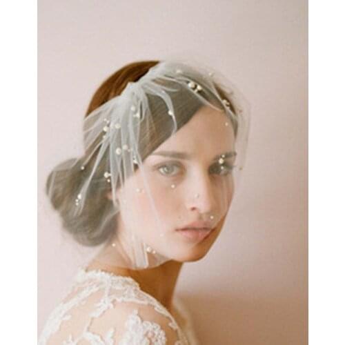 New White Face Veil For Bridal pearl Birdcage veil Headwear Charming Elegant Net Mask Hair Accessories For Wedding Party