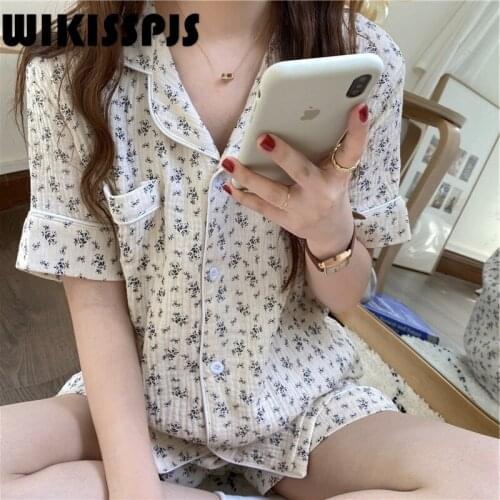New Summer 2021 Garden Style Small Floral All Cotton Short Sleeve Home Wear Two Pieces Sleep Tops Women Pajama Set Loungewear