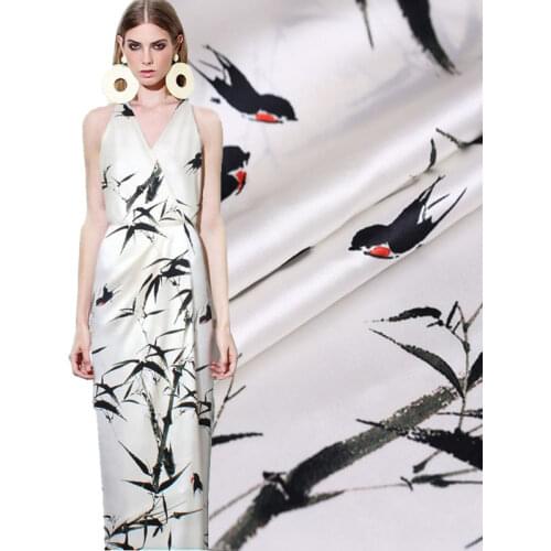 Pure Silk Plain Satin Fabric Material Textile For Sewing Dress Scarf Off white super Bamboo forest flowers swallow print fabric