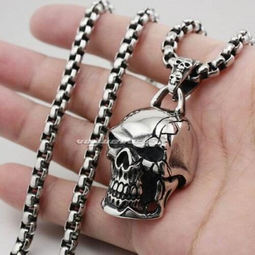 LINSION 316L Stainless Steel Skull Pendant Mens Biker Rock Punk Style 3V006 Stainless Steel Necklace 24inch