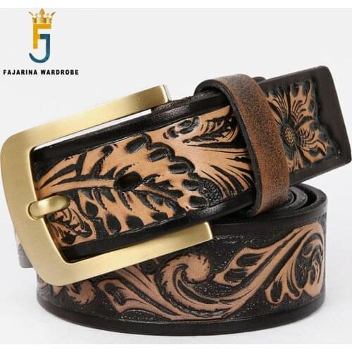 FAJARINA Mens Retro Styles Print Cow Skin Leather Belt Brass Simple Buckle Belts for Men Quality Cowhide 3.8cm Width N17FJ536