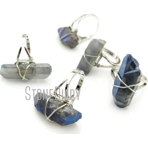 RM11471 10Pcs Silver Electroplated Faceted Pillar Ring Titanium Orchid Clear Crystal Ring Clearance Adjustable