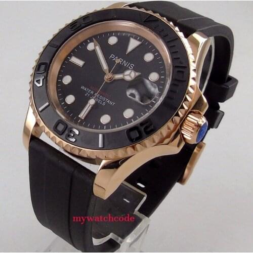 Luxury brand 41mm Parnis black dial Sapphire glass rose golden plated case Ceramic bezel automatic mens watch