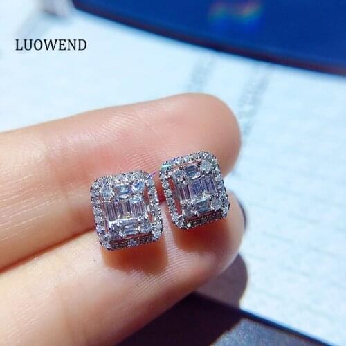 LUOWEND Real 18K White Gold Earrings Female Diamond Jewelry Classic Square Design Stud Earrings for Women Engagement Party