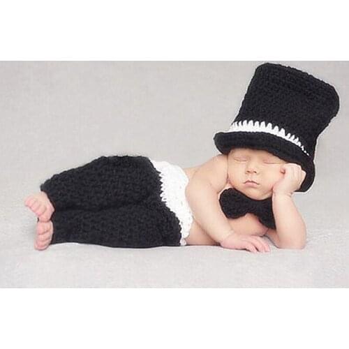 Baby Boy Gentleman Style Crochet Hat+Pants Photography Props Outfits Newborn Tiny Baby Boy Cute Photo Shooting Props Clothes
