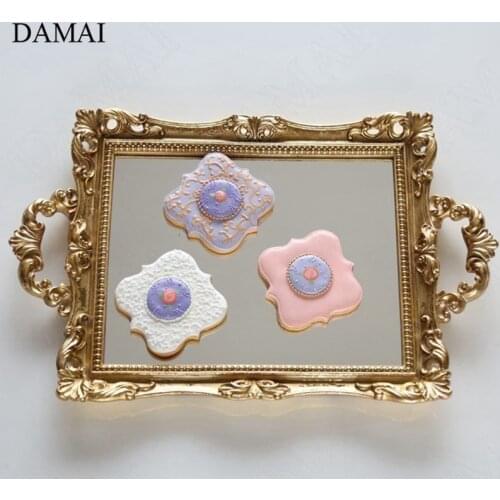 Gold Inlay Glass Mirror Trays European Vintage Resin Jewelry Display Tray Cosmetic Container Living Room Decoration Ornaments