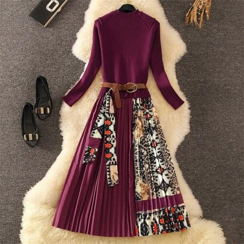 Autumn Winter Fake Two Piece Knitted Dresses Slim Women Long Sleeve O-Neck Print Knitting Dress Winter Bottomings Vestitino 1055