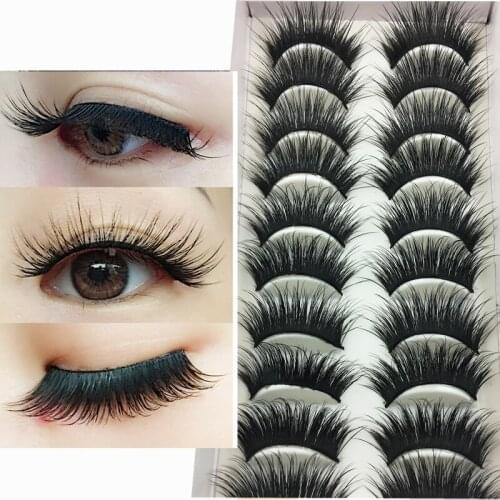 YOKPN Natural Thick False Eyelashes 10 Pairs Exaggerated Performance Fake Eyelashes Handmade Eye Lashes Black Stalk Makeup Tools