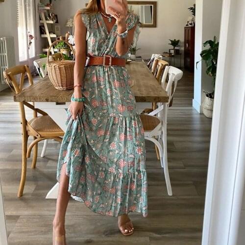 Floral Print Long Maxi Dresses for Women 2021 Elegant V Neck Ruffled Sleeveless Dresses with Belt Boho Casual Loose Beach Dress