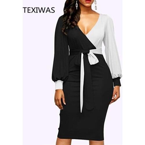 TEXIWAS 2018 New Elegant Women V-Neck Patchwork Colorblock Side Slit Business Office Party Bodycon Dress Plus Size slim Dressese