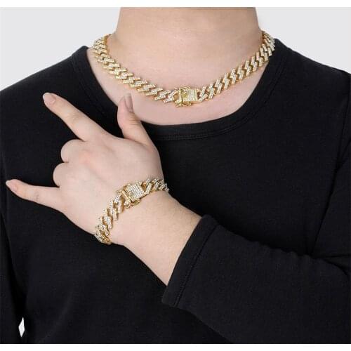 15mm Bling Hip Hop Jewelry Necklaces Bracelets Silver Color Strong Iced Out 2 Row Prong Cuban Link Chains For Men Women