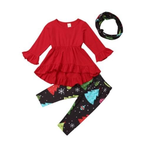 2018 Toddler Kids Baby Girl Christmas Ruffle Dress Tops Pants Scarf 3pcs Outfit Clothes Size 1-5T