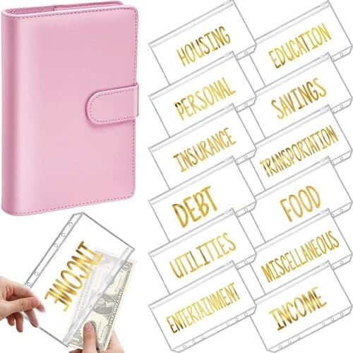 A6 PU Leather Binder Budget Cash Envelopes Personal Organizer with 12 Binder Pocket Zipper Folders for Bill Planner,Saving Money
