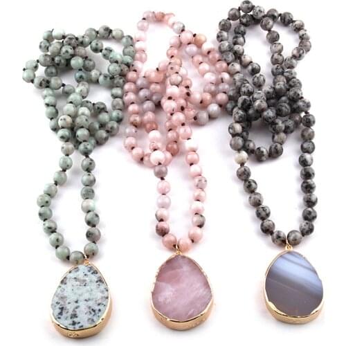 Free Ship Fashion Bohemian Tribal Jewelry Semi Precious Stones Long Knotted Stone Drop Pendant Necklaces Women Ethnic Necklace