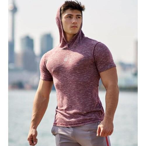 Brand Men Compression Shirt Short Sleeves T-shirt Hooded Gyms Fitness Clothing Solid Color Quick Dry Mans T-shirt Print Casual