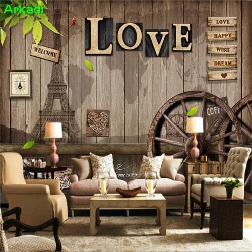 European retro photo mural cafe restaurant wall art decoration wheel wood LOVE leaves wallpaper custom size