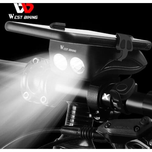 WEST BIKING 4 in 1 Bicycle Light Flashlight Bike Horn Alarm Bell Phone Holder Power Bank Bike Accessories Cycling Front Light