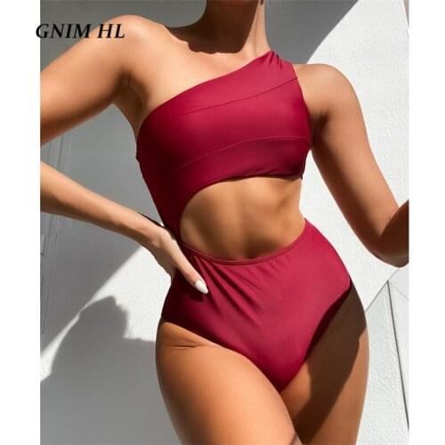 GNIM One Shoulder Swimwear Women 1 Piece Sexy Hollow Out High Waist Halter Swim Bathing Suit For Women New Arrival Swimsuit 2021