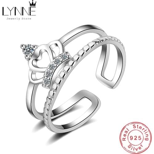 New Fashion 925 Sterling Silver Rhinestone Crown Pattern Rings Double Layers Resizable Ring Women&Princess Jewelry Birthday Gift