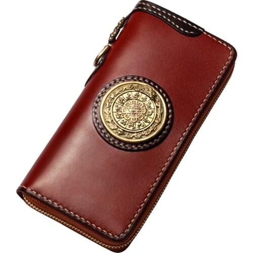 Cow Leather Wallets Nine Palace Cards Pure Copper Bag Purses Women Men Long Clutch Vegetable Tanned Leather Wallet Card Holder